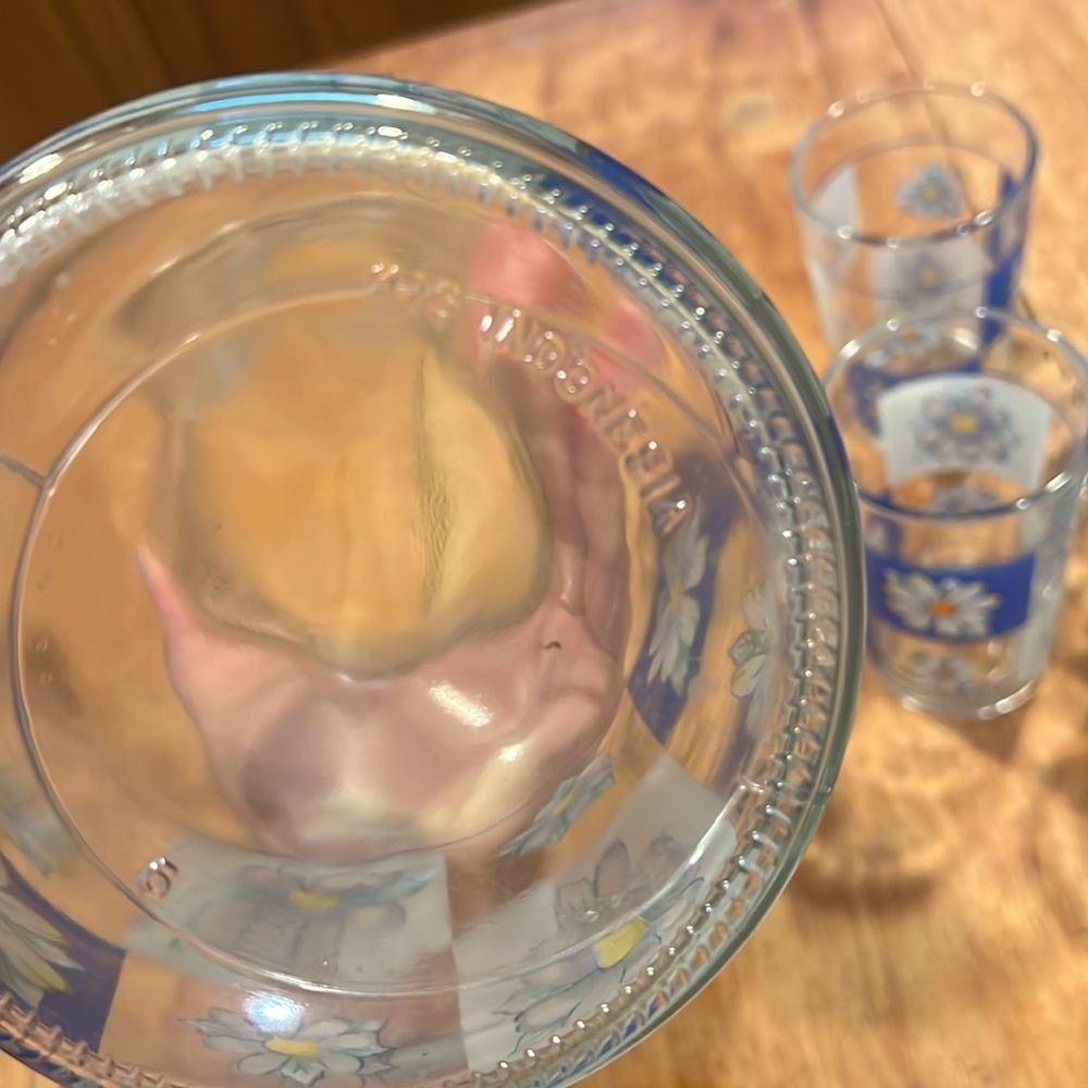 Vintage Kig Indonesia Floral Glass Carafe & Tumbler Set - Blue and White Daisies - Picture 5 of 5